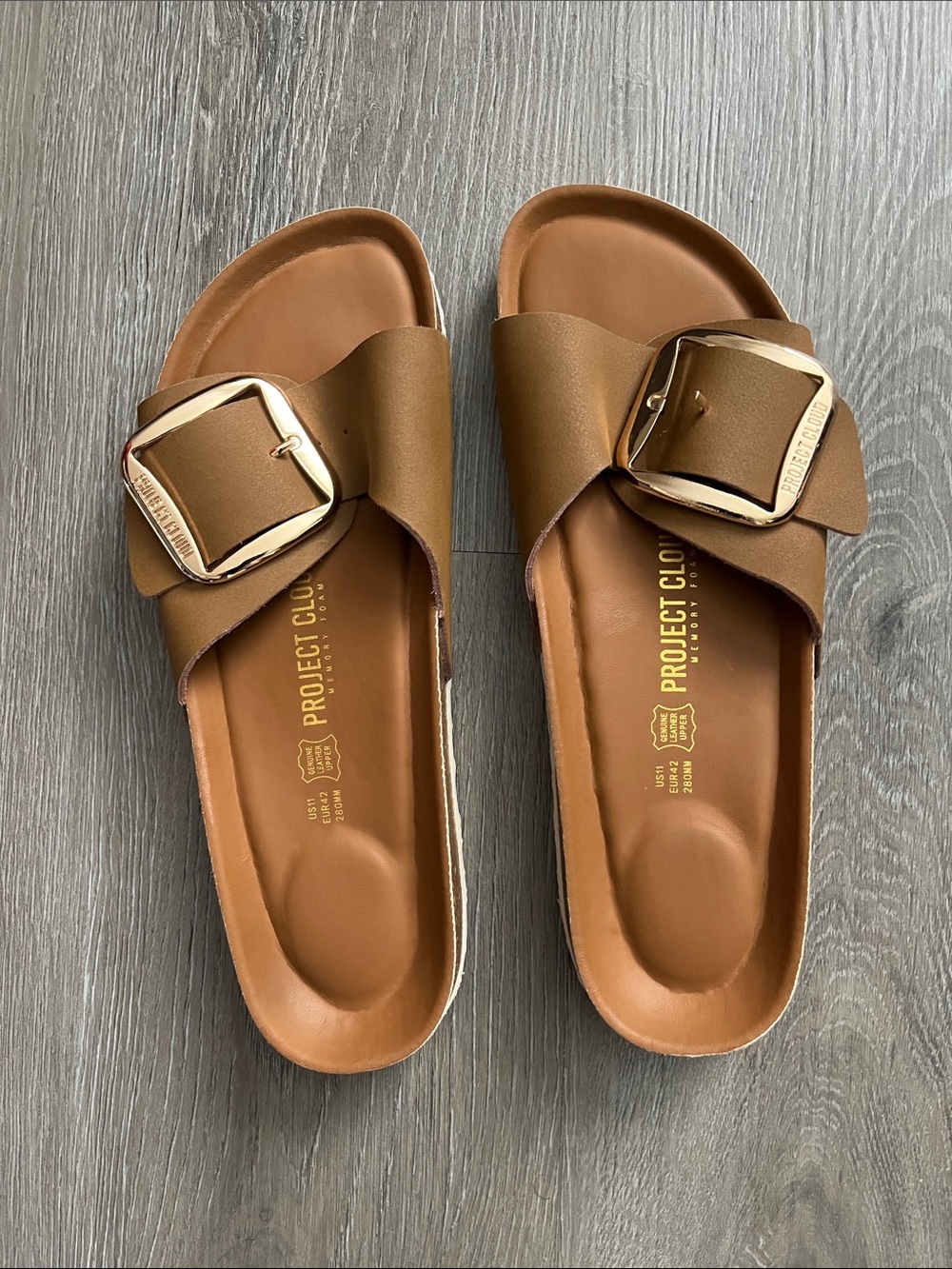 Project Cloud Leather Upper Tan Gold Buckle Slides - Women's Size 11